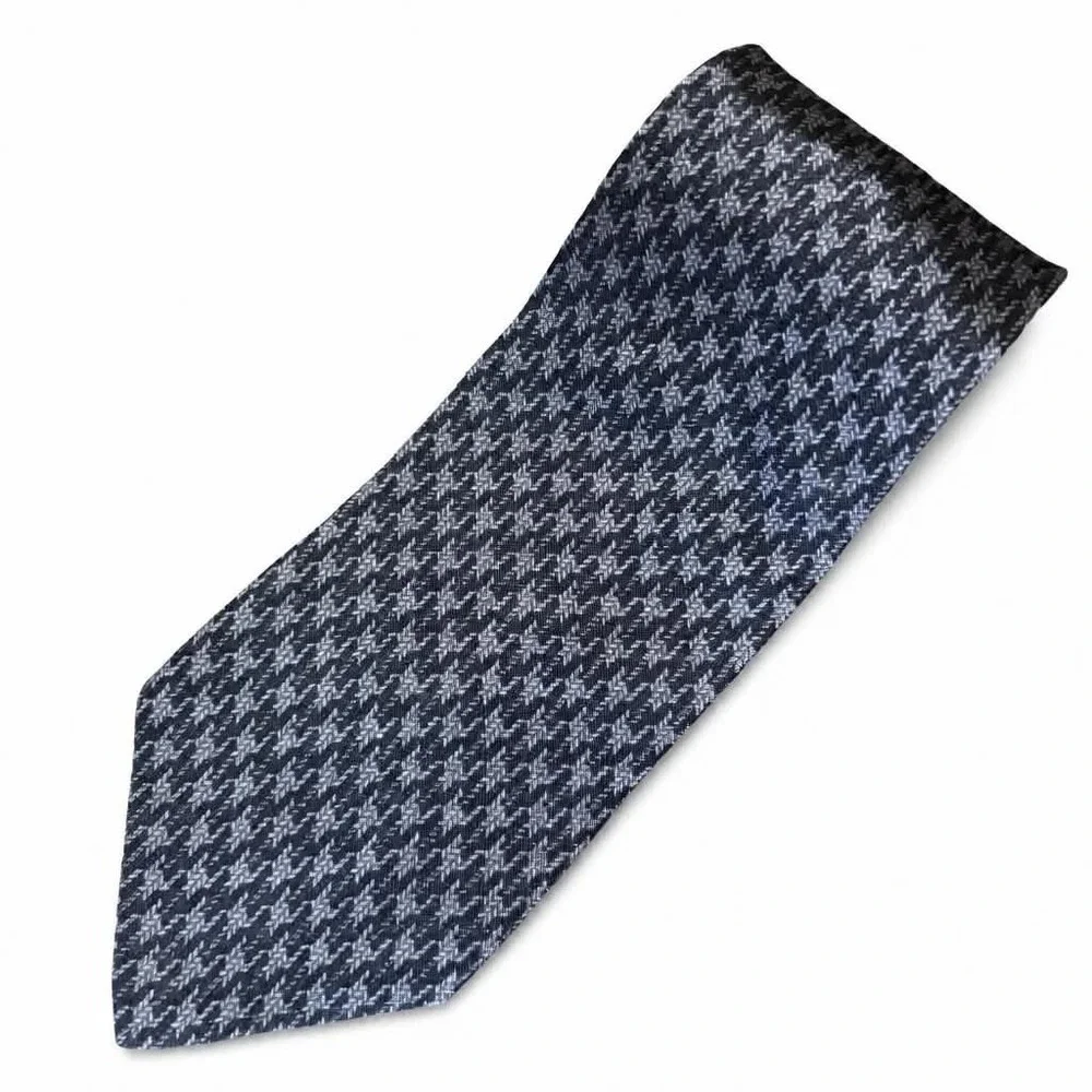Halston Silk Tie Mens Black Charcoal Gray Houndstooth Woven Necktie Vintage